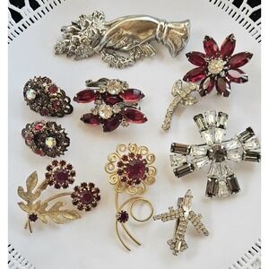 Vintage Red Rhinestone Brooch Pin Lot